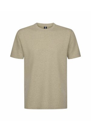 Camiseta de manga corta beige hecha de suave tela de algodón. Cuenta con cuello redondo y un ajuste estándar, sin patrones ni gráficos.