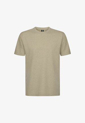 Beiges T-Shirt mit kurzen Ärmeln aus weichem Baumwollstoff. Es hat einen Rundhalsausschnitt und eine normale Passform ohne Muster oder Grafiken.