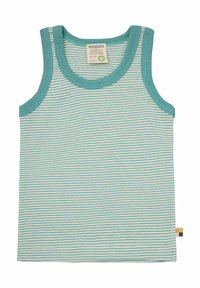 Canottiera azzurro chiaro con righe bianche orizzontali. Presenta un collo rotondo, spalline sottili e un'etichetta laterale con un logo colorato.