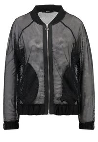 Svart mesh bomberjacka med dragkedja fram, ribbad mudd och midja. Idealisk för avslappnade eller sportiga outfits.