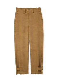 Brown cargo pants made of lightweight fabric, featuring large side pockets, a straight cut, and adjustable cuffs at the hem.