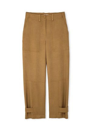 Pantalons cargo marron en tissu léger, dotés de grandes poches latérales, d'une coupe droite et de poignets ajustables à l'ourlet.