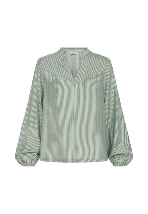 Hele roheline pluus vertikaalsete triipudega, V-kaelusega ja õhuliste varrukatega. Valmistatud pehmest kangast, millel on sile tekstuur.