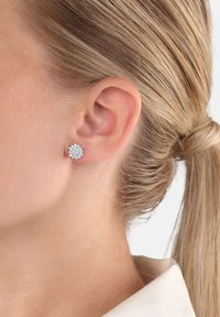 Silverfärgade blommörhängen med kluster av klara ädelstenar som skapar en glittrande, mångbladig design som passar för olika tillfällen.