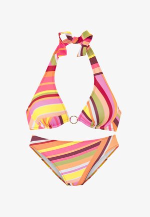 Colored bikini set featuring a triangle top with a gold ring detail and a halter tie, paired with matching low-rise bottoms, both in striped patterns.