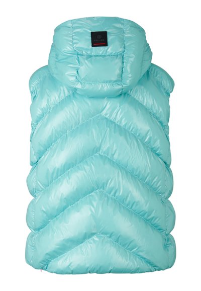 Hellblaues Pufferweste mit Kapuze, ausgestattet mit einem Zickzack-gesteppten Muster und einem rechteckigen Markenetikett auf der Rückseite. Glattes, glänzendes Material.