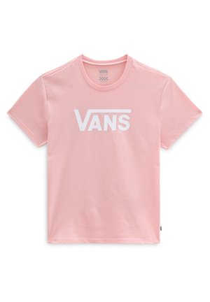 T-shirt en coton rose à manches courtes, col rond, avec un logo "VANS" blanc imprimé sur le devant. Texture lisse et coupe décontractée.