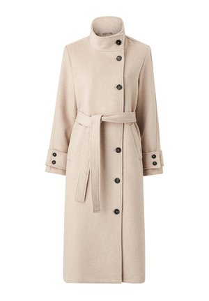 Beige wolcoat met een hoge kraag, zwarte knopen en een ceintuur in de taille. Heeft mouwdetails en een rechte silhouet.