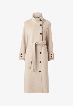 Beige uldfrakke med høj krave, sorte knapper og en bælte-talje. Har ærme detaljer og en lige silhuet.
