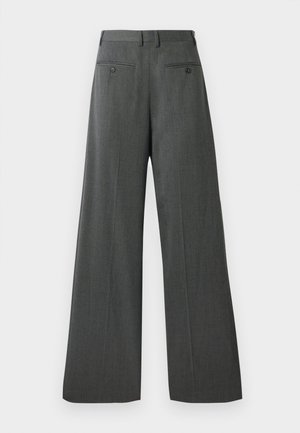 Wide-leg trousers in dark gray fabric. Features a smooth texture, two back pockets with button closures, and a classic waistband.