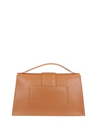 Borsa a mano in pelle marrone con un design strutturato, manico piatto e tasca frontale. Superficie testurizzata con dettagli di cucitura.