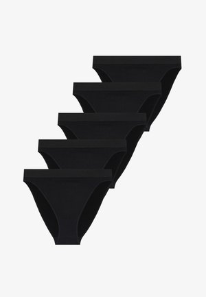 Set van vijf zwarte katoenen slips met een gladde textuur, een aansluitend ontwerp en een elastische tailleband, zonder verdere patronen of accenten.