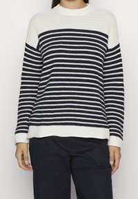 Maglione a righe blu navy e bianche con scollatura tonda, realizzato in materiale a maglia testurizzata e maniche lunghe. I polsini e l'orlo a coste aggiungono un contrasto.