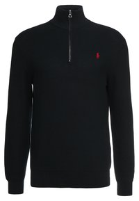 Svart stickad tröja med dragkedjeförsedd krage, ribbade ärmslut och en liten röd logotyp på vänster bröst. Textuerat material, normal passform.