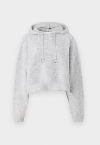 Grå kortämd hoodie i mjukt, fluffigt material. Har en dragsko med silverringar och lång ärm.