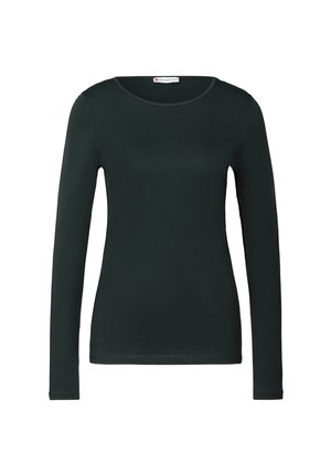 Zwarte langsleevetop voor dames met een aansluitende pasvorm, ronde halslijn, eenvoudige uitstraling en Street One merklabel in de kraag.