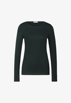 Černý dlouhý rukáv těsně přiléhavý dámský top s kulatým výstřihem, jednoduchý design a značka Street One na štítku uvnitř límce.