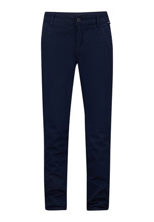 Navyblaue Baumwollhosen mit schmaler Passform, ausgestattet mit einer vorderen Tasche, einem Knopfverschluss und einer subtilen Textur ohne Muster oder Akzente.