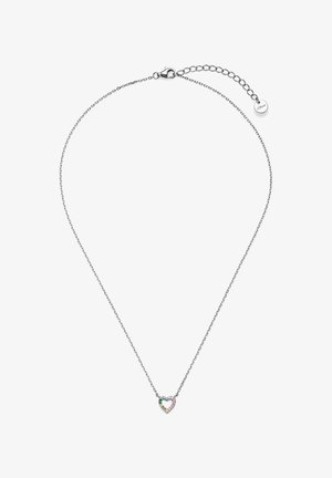 Collier chaîne en argent avec un petit pendentif en forme de cœur ouvert incrusté de pierres précieuses multicolores et une fermeture à boucle réglable.