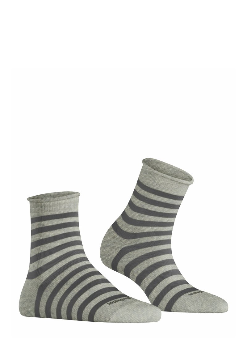Striped ankle socks made of soft, grey fabric with dark grey horizontal stripes, featuring a ribbed cuff and seamless toe design.
