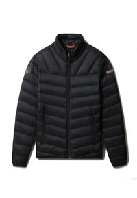 Sort quilted zip-up jakke med høj krave, sidelommer med lynlås og mærkelapper på begge overærmer.
