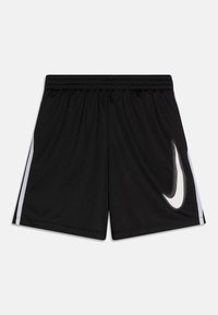Zwarte sportshorts met elastische tailleband, voorzien van witte zijstrepen en een opvallend wit Nike-logo aan de rechterkant.