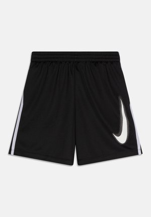 Pantalones cortos deportivos negros con cintura elástica, que presentan rayas laterales blancas y un logo de Nike blanco prominente en el lado derecho.