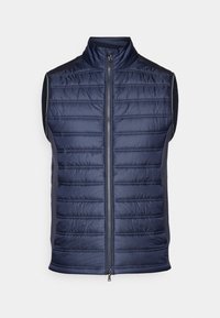 Marineblå puffvest med vertikalt quiltet mønster, høy krage, glidelås foran og slanke grå sidepaneler. Lettvekts stoffkonstruksjon.