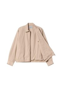 Chaqueta ligera beige con cremallera fabricada en tejido suave, presenta un cuello alzado, dobladillo elástico y bolsillos laterales. Diseño informal sin forro.