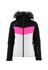 Giacca da sci nera, bianca e rosa con cappuccio rifinito in pelliccia sintetica, tasche laterali con zip e design a blocchi di colore a chevron.