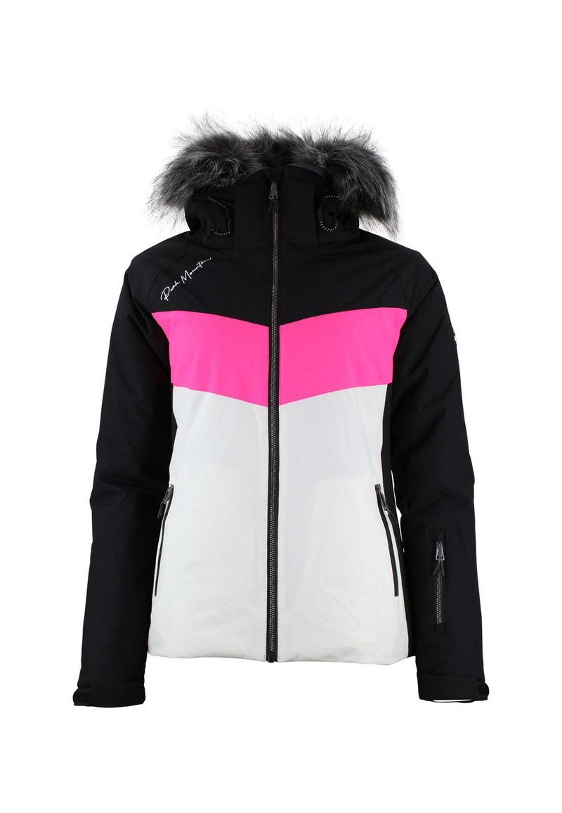 Giacca da sci nera, bianca e rosa con cappuccio rifinito in pelliccia sintetica, tasche laterali con zip e design a blocchi di colore a chevron.