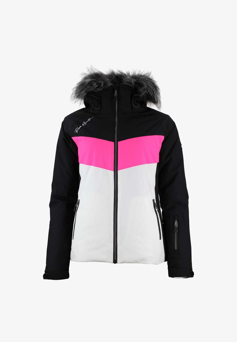 Giacca da sci nera, bianca e rosa con cappuccio rifinito in pelliccia sintetica, tasche laterali con zip e design a blocchi di colore a chevron.