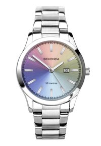 Silberner Metallarmbanduhr mit einem Farbverlauf Zifferblatt, das Blau-, Rosa- und Gelbtöne aufweist. Enthält Ziffernmarkierungen und ein Datumsdisplay auf der 3-Uhr-Position.