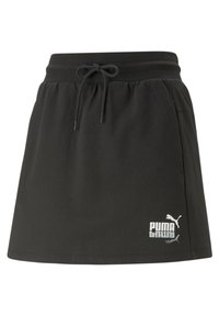 Gonna sportiva nera con vita elastica, cordino, tasche laterali e logo Puma bianco stampato sul lato destro in basso.