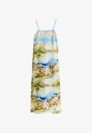 Robe maxi sans manches bleu et beige avec un haut à motif coquillages et une jupe imprimée d'un village côtier pittoresque, de palmiers et de montagnes.