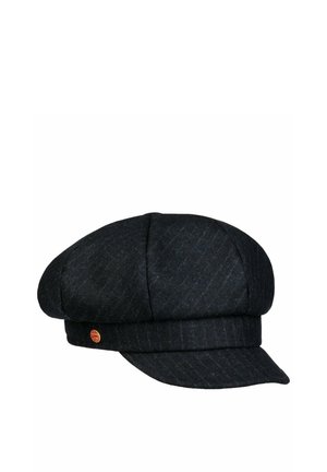 Black wool flat cap with a short curved brim and a small round red and gold emblem on the side.