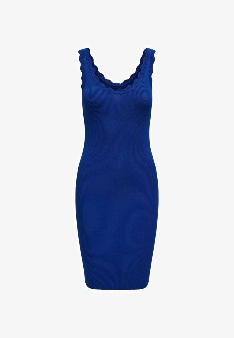 Ribbed, fitted dress in vibrant blue, featuring a scalloped neckline and wide shoulder straps, with a smooth texture and knee-length design.