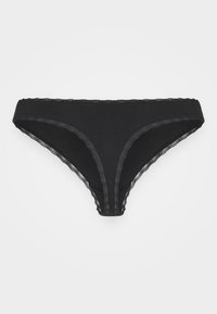 Zwarte katoenen bikinislips met kantafwerking, met een gladde textuur, lage taille en golvende randen langs de tailleband en de beenopeningen.