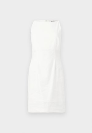 Hvid ærmeløs kjole med en tætsiddende pasform, glat tekstur og en skjult lynlås i ryggen. Minimalistisk design uden mønstre eller udsmykninger.