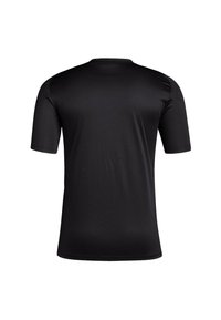 Camiseta negra de manga corta confeccionada en tela suave, con un ajuste regular, escote redondo y costuras mínimas para un diseño limpio.