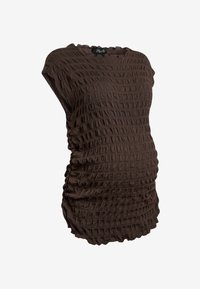 Bruine, gestructureerde top met een geplooid ontwerp. Met kapmouwtjes en een ronde halslijn. Gemaakt van een lichtgewicht materiaal, ontworpen voor een aansluitend silhouet.