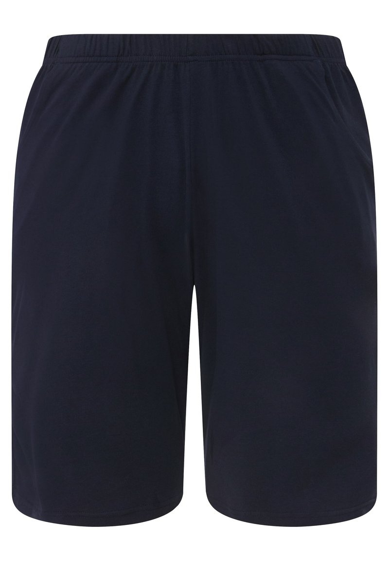 Marineblauwe shorts van rekbare stof, met een elastische tailleband, een gladde structuur en een lengte tot halverwege de bovenbenen, zonder patronen of versieringen.