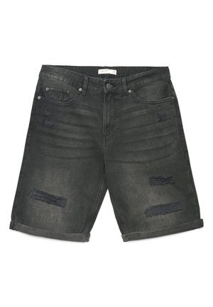 Shorts in denim nero con toppe consumate, tasche frontali, passanti per cintura, chiusura con bottone e orli arrotolati.