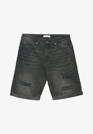 Shorts in denim nero con toppe consumate, tasche frontali, passanti per cintura, chiusura con bottone e orli arrotolati.