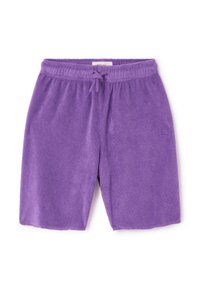 Shorts en éponge violet avec ceinture élastique et cordon de serrage à l'avant, présentés à plat sur un fond blanc.