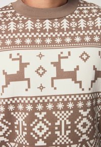 Bruin en crèmekleurige gebreide trui met een geometrisch ontwerp met rendieren, bomen en sneeuwvlokken over de voorkant en een geribbelde kraag.