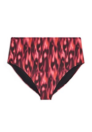 Bikinibroekje met hoge taille, met een rood-zwart abstract patroon, gladde stof en contrasterende stiksels. Geschikt voor zwemkleding.