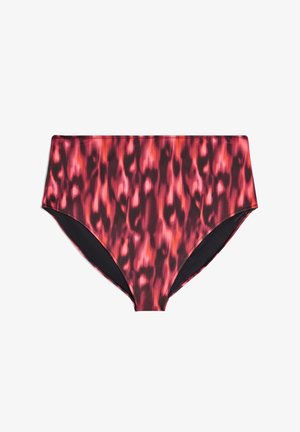 Bikinibund med høj talje med et rødt og sort abstrakt mønster, glat stof og kontrastsyninger. Velegnet til badetøj.