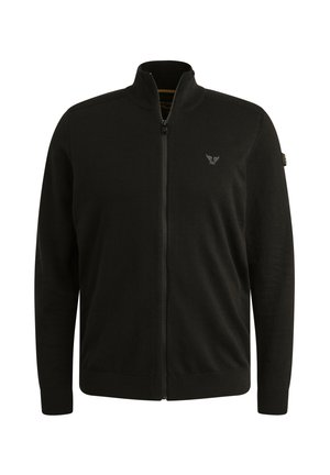 Black zip-up sweater made from a soft material. Features a high collar, ribbed cuffs, and a subtle logo on the left chest.