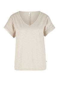 Beige short-sleeve shirt with V-neck and decorative lace trim on sleeves, lightweight fabric, casual style.
